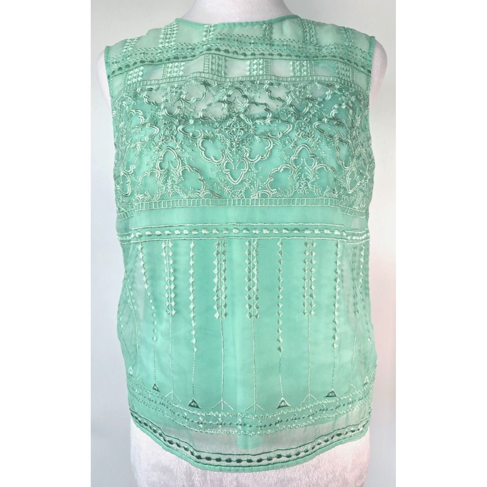 Karen Millen Lack Top Mint Green Mesh Sheer Boxy Sleeveless Victorian Crew Neck